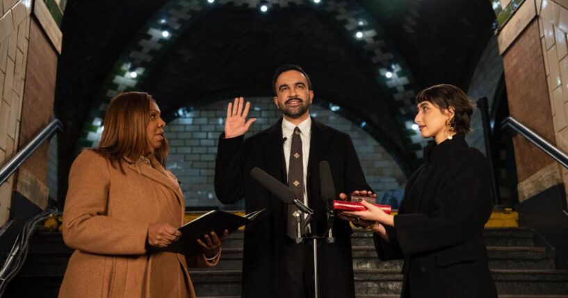 New York Mayor Zohran Mamdani is sword in in the former City Hall subway station on Jan. 1, 2026.