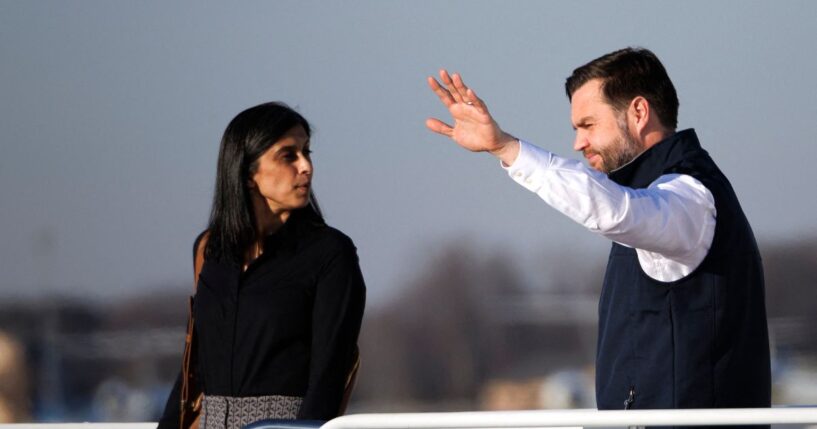 Vice President JD Vance and Second Lady Usha Vance exit Air Force One at Joint Base Andrews, Maryland on Dec. 16, 2025.