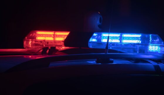 Police lights flash at night in a city.