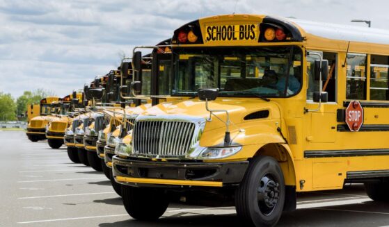 A fleet of yellow school buses parked near a high school.