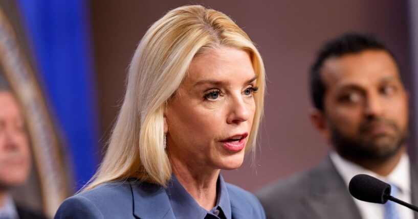 Attorney General Pam Bondi speaks at a news conference accompanied by top FBI officials on Dec. 4, 2025 in Washington, DC.