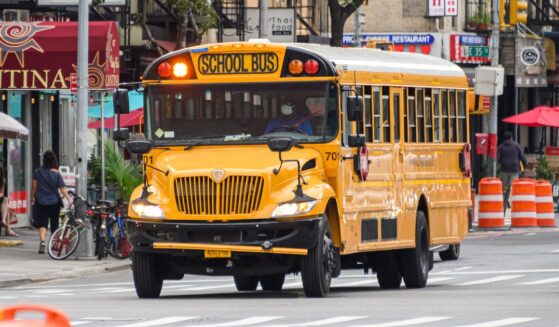A school bus transports students through the New York and New Jersey areas on Aug. 17, 2020.