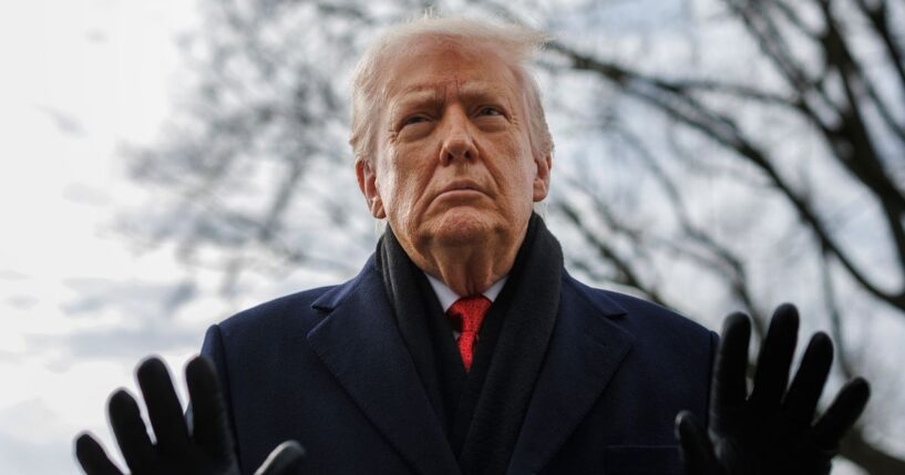 President Donald Trump speaks to reporters on the South Lawn of the White House in Washington, DC before boarding Marine One on Jan. 16, 2026.