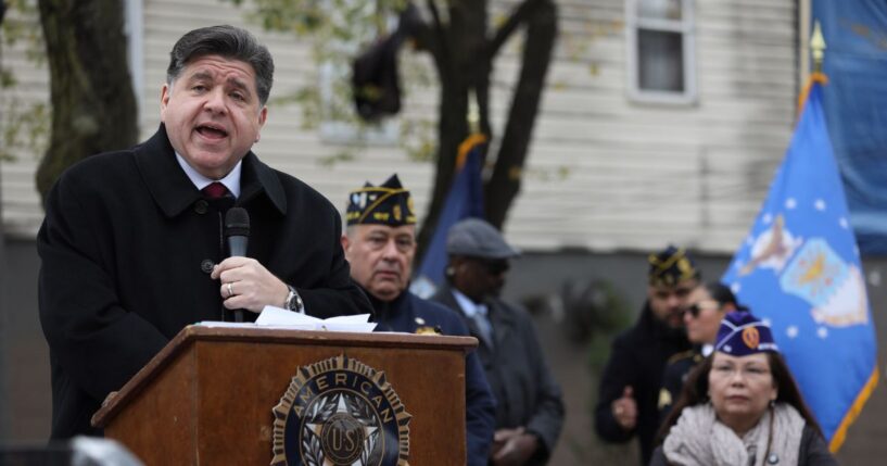 Illinois Governor JB Pritzker delivers a short speech at a ceremony in Chicago, Illinois, on Nov. 11, 2025.