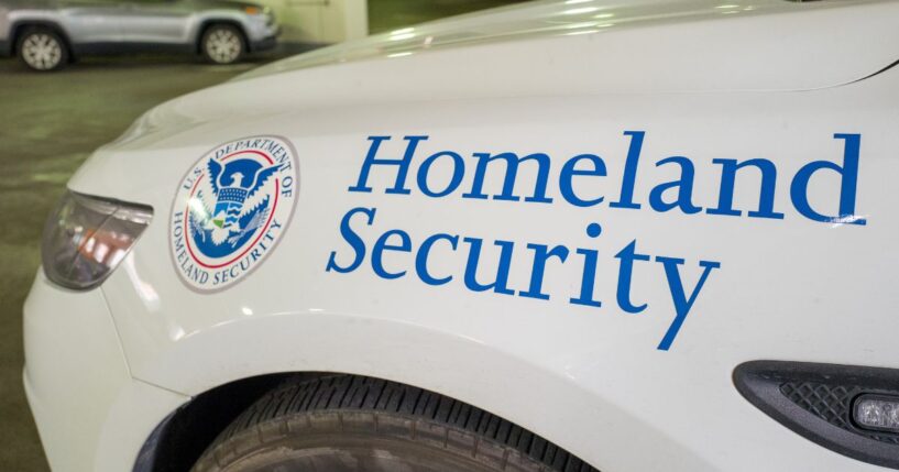 Close-up logo of the Department of Homeland Security on a car in San Francisco on Feb. 25, 2019.
