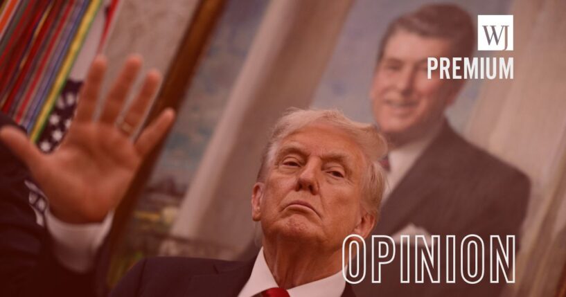A portrait of former President Ronald Reagan hangs behind President Donald Trump as he makes an announcement on prescription drugs in the Oval Office of the White House in Washington, D.C., on Sept. 30, 2025.