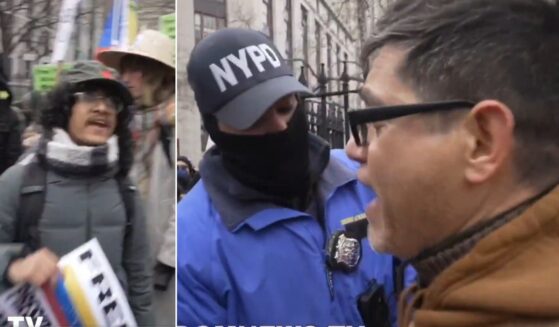 A Venezuelan, right, confronts pro-Maduro protesters, left, as New York Police Department officers try to separate the two groups.