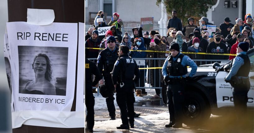 Posters, left, depict Renee Good as an innocent martyr, as crowds, right, confront Minneapolis Police officers holding a perimeter after Good's fatal shooting Wednesday by an ICE agent during federal law enforcement operations in Minneapolis, Minnesota. New video shows Good and her lesbian partner aggressively taunting officers shortly before she was shot while steering her car at a federal agent.