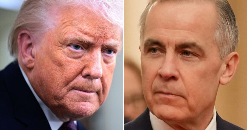 Canadian Prime Minister Mark Carney, right, said his country now has no plans to proceed with a trade deal with Beijing after President Donald Trump threatened harsh tariffs.