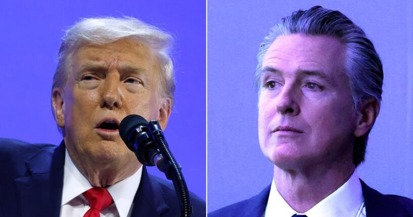 The brief encounter took place backstage while California Gov. Gavin Newsom, right, and President Donald Trump were attending the World Economic Forum's annual meeting this week in Davos, Switzerland.