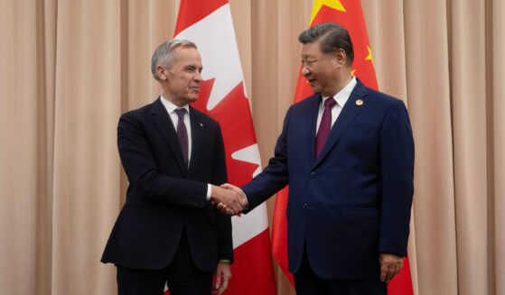 Canadian Prime Minister Mark Carney, left, greets Chinese President Xi Jinping in South Korea in a file photo from October.
