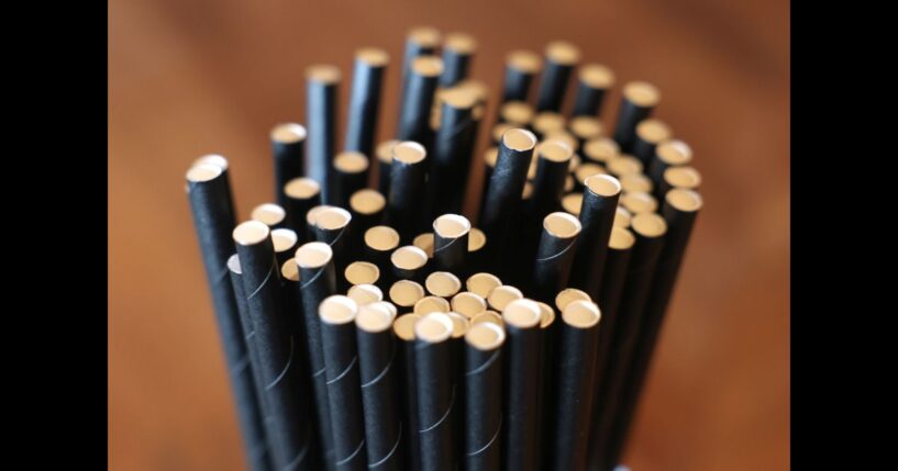 Paper straws sit in a container on the bar at Laurel Tavern on February 7, 2025 in Studio City, California.