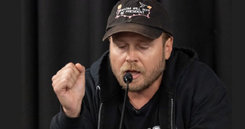 Former reality TV star Spencer Pratt speaks in November before a U.S. Senate field hearing on last year's California wildfires. The hearing was held in an American Legion post in Pacific Palisades. (Myung J. Chun / Los Angeles Times via Getty Images)