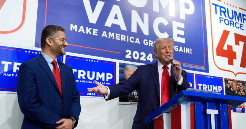 Then-Republican presidential nominee and former President Donald Trump is seen in a file photo dated Oct. 18, 2024, at a campaign appearance in Hamtramck, Michigan, speaking as Hamtramck Mayor Amer Ghalib listens.