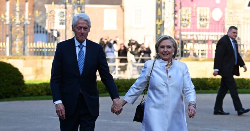 Former Secretary of State Hillary Clinton and former President Bill Clinton arrive at Hillsborough Castle for the Gala dinner to mark the 25th anniversary of the Belfast/Good Friday Agreement on April 19, 2023, in Belfast, Northern Ireland.