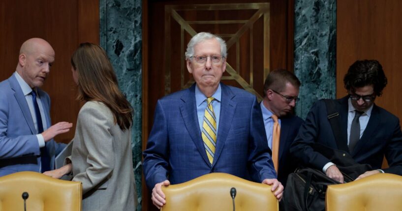 Sen. Mitch McConnell looks on before a hearing with the Senate Appropriations Committee in the Dirksen Senate Office Building on June 11, 2025, in Washington, D.C.