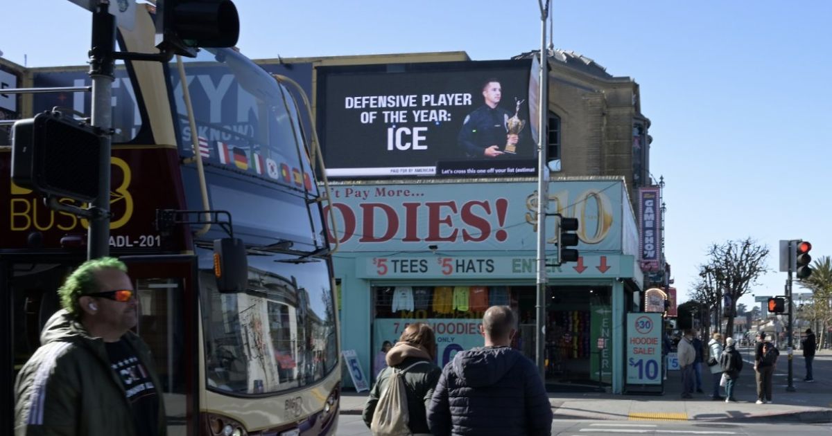 Billboards in support of Immigration and Customs Enforcement appeared in San Francisco, California, ahead of Super Bowl LX, which is scheduled for Feb. 8, 2026.
