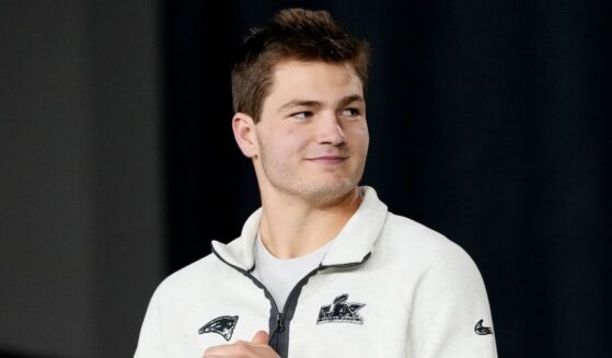 Drake Maye of the New England Patriots looks on during Super Bowl LX Opening Night at San Jose McEnery Convention Center on Feb. 2, 2026, in San Jose, California.