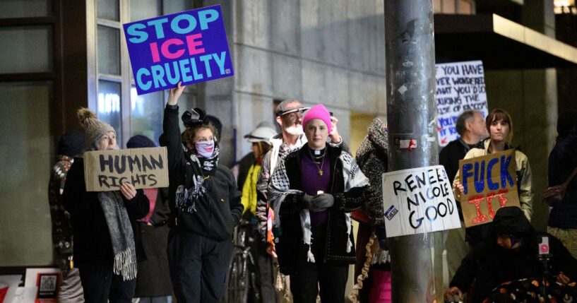 Anti-ICE activists display signs during a protest at the U.S. Immigration and Customs Enforcement facility on Jan. 9, 2026, in Portland, Oregon.
