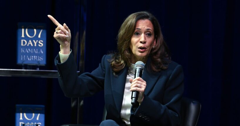 Former Vice President Kamala Harris speaks onstage during her "107 Days" book tour at Tabernacle on Oct. 8, 2025, in Atlanta, Georgia.