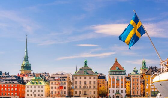 The cityscape of Stockholm, Sweden, at sunset.