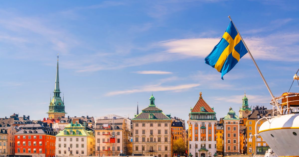 The cityscape of Stockholm, Sweden, at sunset.