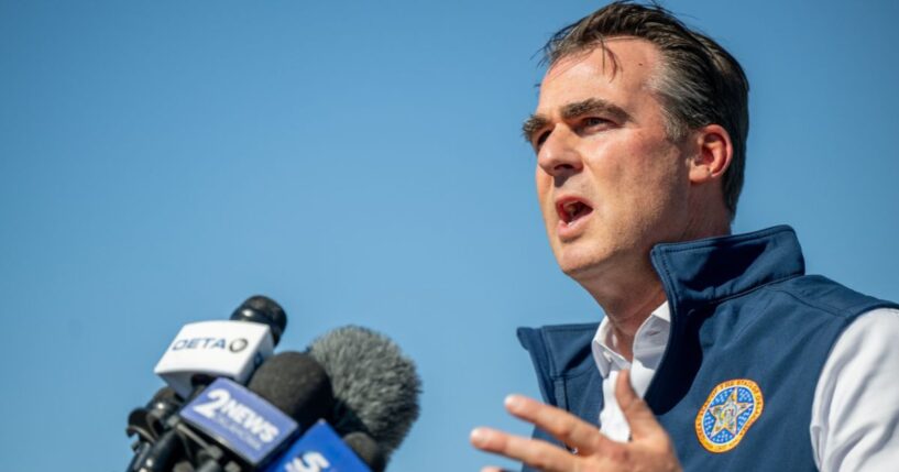 Oklahoma Gov. Kevin Stitt updates the media on a deadly tornado that ripped through this small town Monday night, on May 7, 2024, in Barnsdall, Oklahoma.