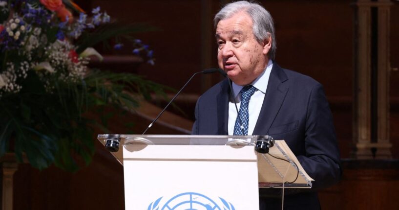 United Nations Secretary-General Antonio Guterres speaks at the UNA-UK conference to mark the 80th anniversary of the founding of the UN, at Methodist Central Hall, the site of the inaugural UN General Assembly in London on Jan. 17, 2026.