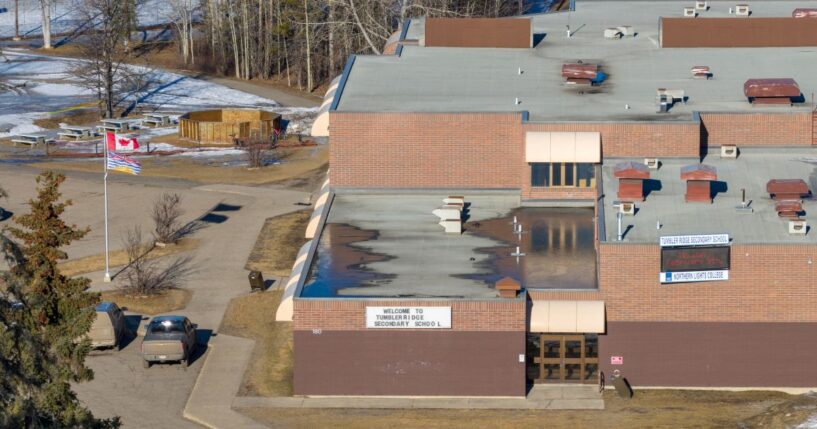 An aerial view of the middle school and high school building where a shooting took place, leaving at least nine people dead in the small town of Tumbler Ridge, British Columbia, on Feb. 11, 2026.