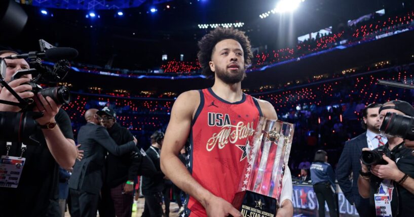 Cade Cunningham of the Detroit Pistons and Team USA Stars celebrates after Team USA Stars' victory during the 75th NBA All-Star Game at Intuit Dome on Feb. 15, 2026, in Inglewood, California.