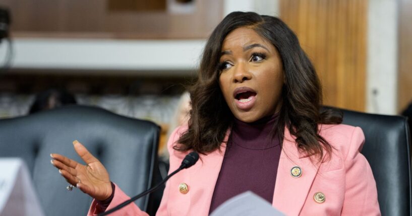 Rep. Jasmine Crockett participates in a public forum on the violent use of force by Department of Homeland Security agents, at the Dirksen Senate Office Building on Capitol Hill on Feb. 3, 2026, in Washington, D.C.