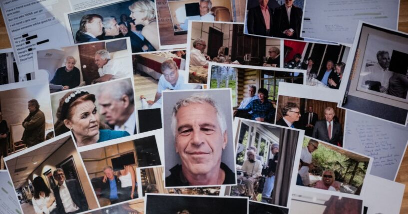 This photograph taken in Le-Perreux-sur-Marne, outside Paris on Feb. 9, 2026, shows undated pictures provided by the Department of Justice on Jan. 30, 2026, as part of the Jeffrey Epstein files.