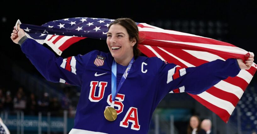 Gold medalist Hilary Knight of Team United States celebrates after the medal ceremony for Women's Ice Hockey after the Women's Gold Medal match between the United States and Canada on day 13 of the Milano Cortina 2026 Winter Olympic Games on Feb. 19, 2026, in Milan, Italy.
