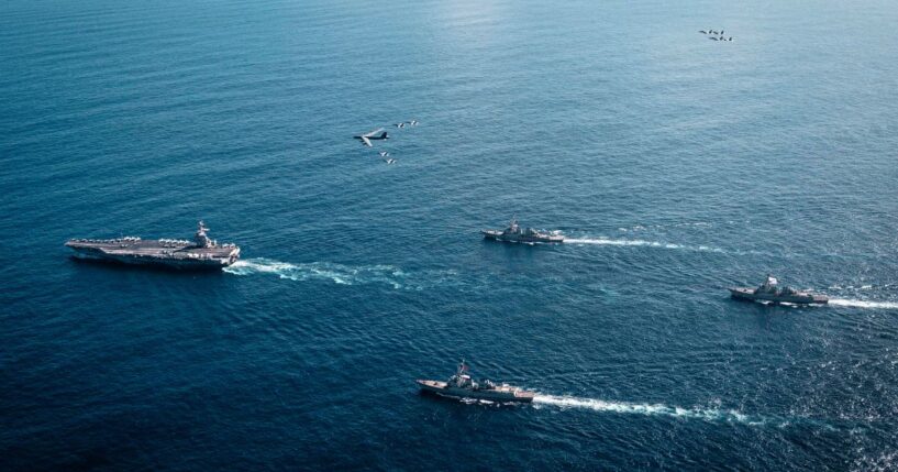In this handout provided by the U.S. Navy, the Gerald R. Ford Carrier Strike Group, including the flagship USS Gerald R. Ford, is pictured on Nov. 13, 2025.