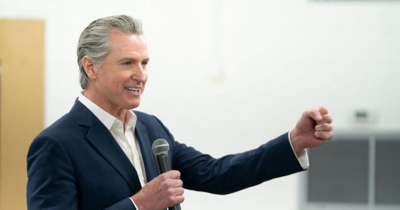 California Gov. Gavin Newsom speaks to a crowd during an event hosted by the South Carolina Democratic Party at the Carter-Sullivan American Legion on Feb. 23, 2026, in Manning, South Carolina.