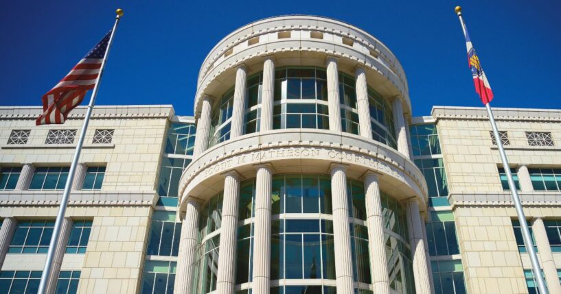 The courthouse landmark architecture in the historic district of Salt Lake City, Utah.
