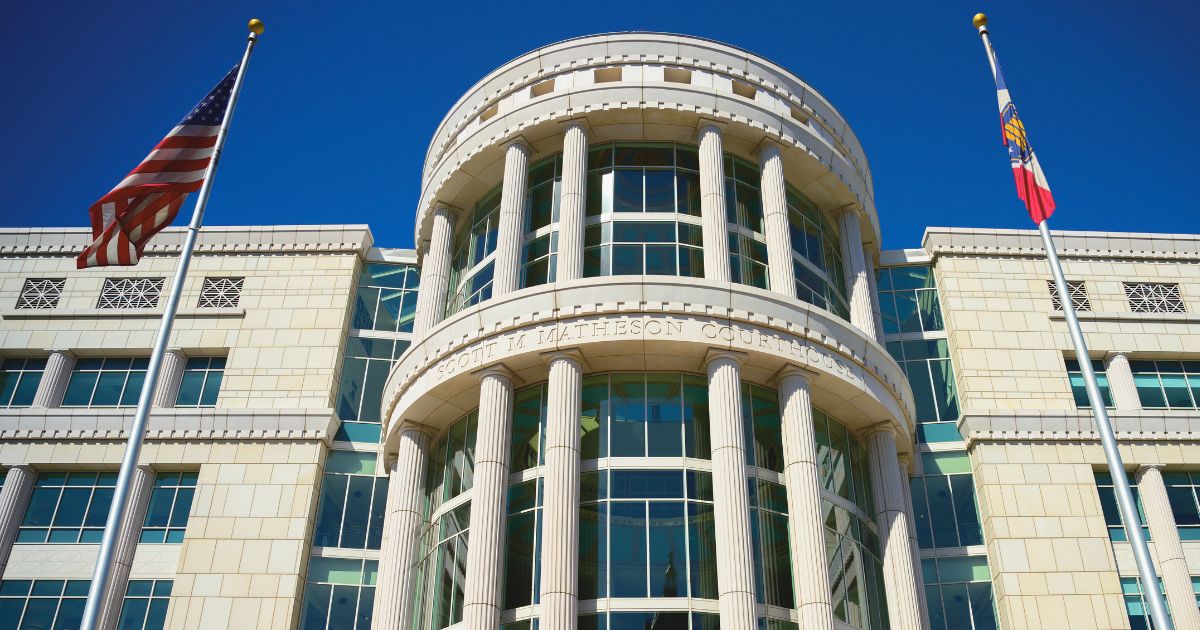 The courthouse landmark architecture in the historic district of Salt Lake City, Utah.