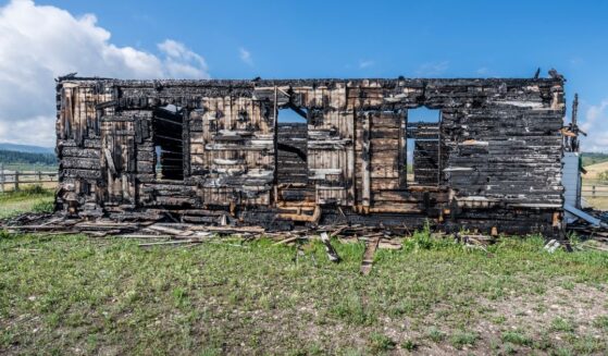 The ruins of a church burned in a fire in Morley, Alberta.