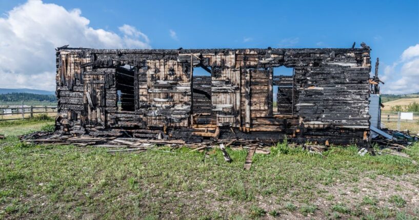The ruins of a church burned in a fire in Morley, Alberta.