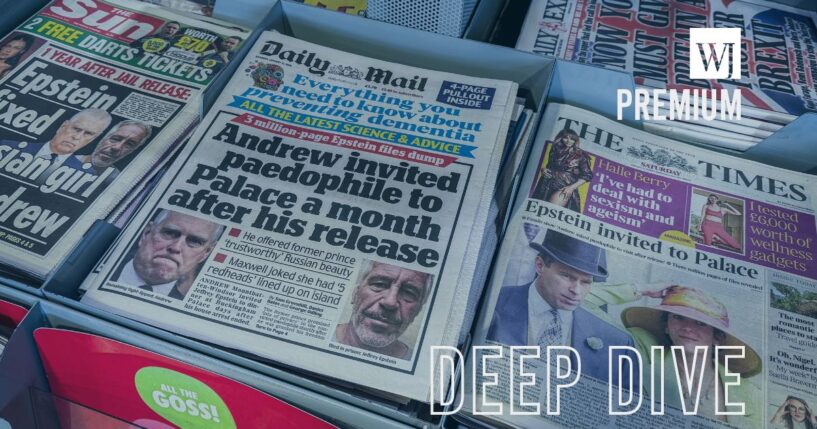 U.K. newspaper front pages display stories on the latest Epstein files release at a news stand Saturday in Somerset, England.