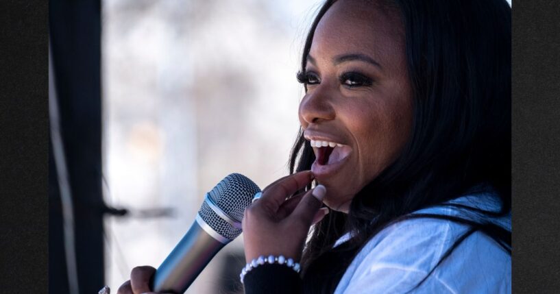 Rep. Jasmine Crockett, a Texas Democrat, speaks Sunday at a campaign rally in San Antonio, Texas. Crockett is facing state Rep. James Talarico in Texas' Democratic Senate primary.