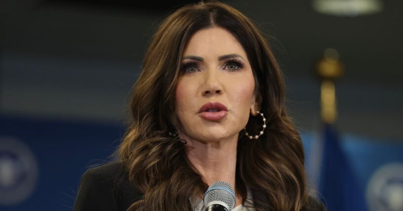 Secretary of Homeland Security Kristi Noem holds a news conference at Miami International Airport Saturday in Miami, Florida.