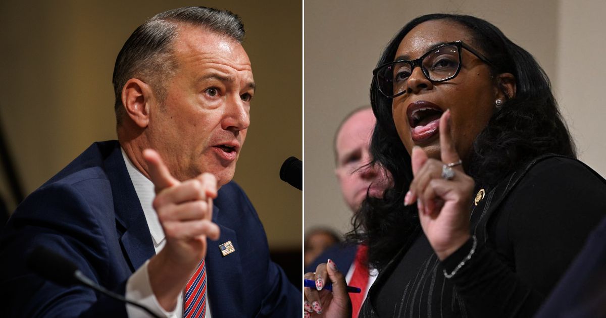 Rep. LaMonica McIver, right, a New Jersey Democrat, posed a theological question to acting Director of U.S. Immigration and Customs Enforcement Todd Lyons, left, during a House Homeland Security Committee hearing on Tuesday in Washington, D.C.