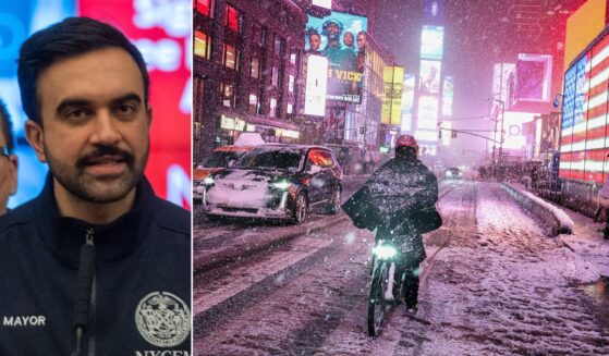 New York City Mayor Zohran Mamdani speaks at a news conference Sunday, left, as New Yorkers braced for one to two feet of snow Sunday and Monday.