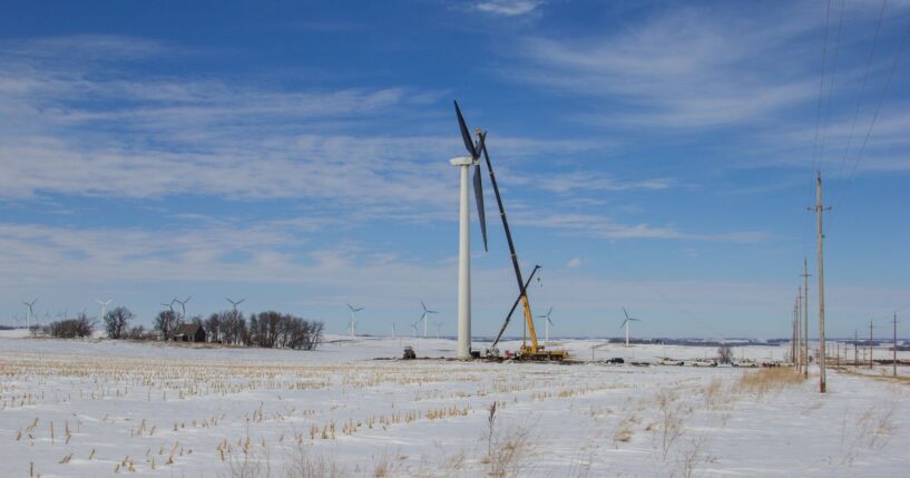 A wind turbine is repaired in Minnesota.