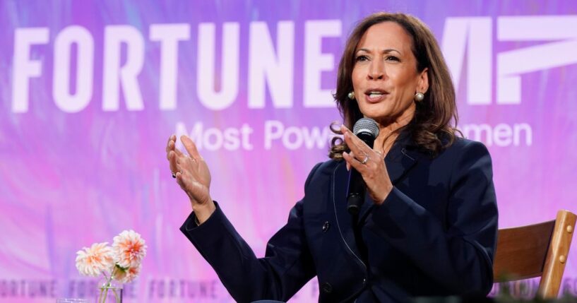 Former Vice President Kamala Harris speaks onstage at an event at Washington National Cathedral in Washington, DC, on Oct. 14, 2025.