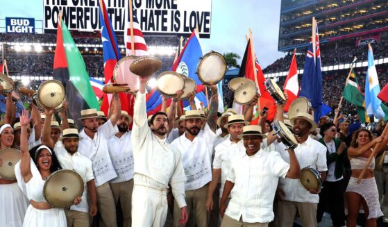 Bad Bunny and his crew perform onstage at the Halftime Show of Super Bowl 60 in Santa Clara, California, on Feb. 8, 2026.