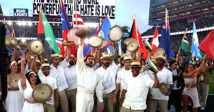Bad Bunny and his crew perform onstage at the Halftime Show of Super Bowl 60 in Santa Clara, California, on Feb. 8, 2026.