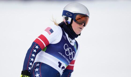 United States skier Lindsey Vonn at the finish area during an alpine ski at the 2026 Winter Olympics in Cortina d'Ampezzo, Italy on Feb. 6, 2026.