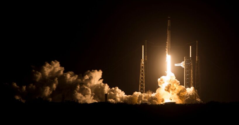 A SpaceX Falcon 9 rocket carrying a spacecraft with astronauts on Nasa's SpaceX Crew-12 mission launches from Cape Canaveral Space Force Station in Florida on Feb. 13, 2026.